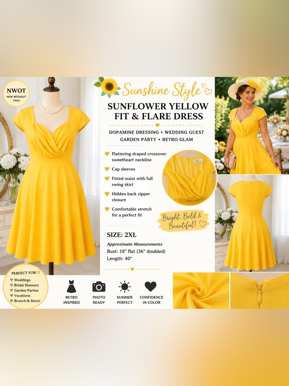 NWOT 2XL Sunflower Yellow Fit & Flare Dress Dopamine Dressing Wedding Guest